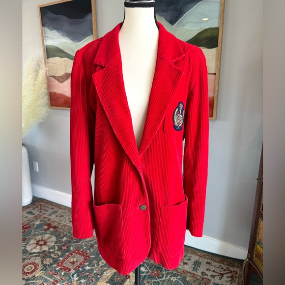 Vintage Liz Sport Red Corduroy Crest Patch Blazer - Picture 1 of 9